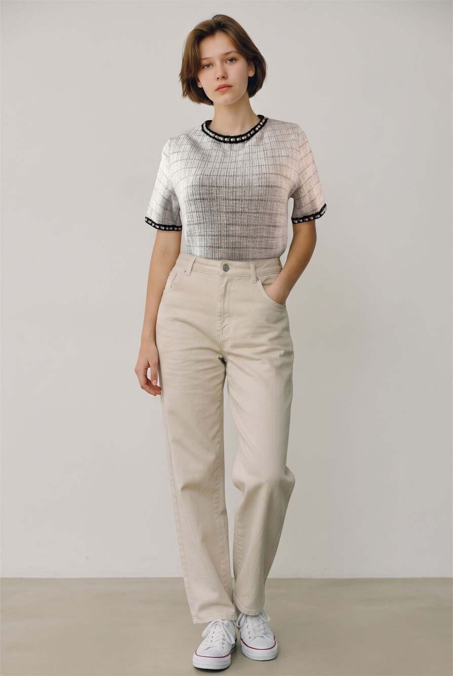 Zara Metallic Tweed Short Sleeve Top with Pearl Trim